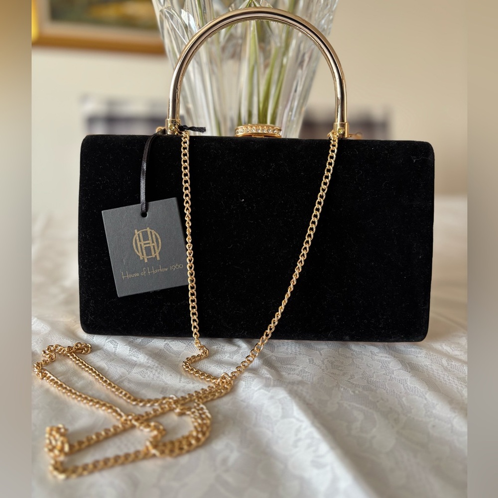 House of Harlow 1960 Velvet Black Clutch with Gold Chain